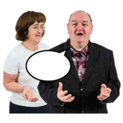 A man with Down syndrome speaks while a woman listens