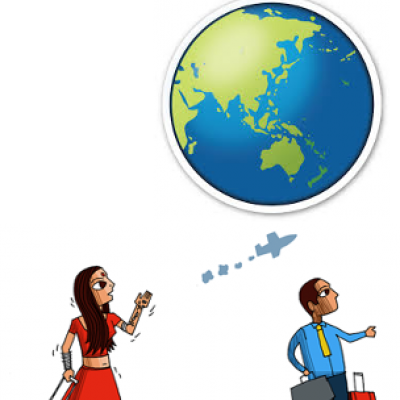 A drawing depicting migration with a man and woman and an arrow showing movement around the world