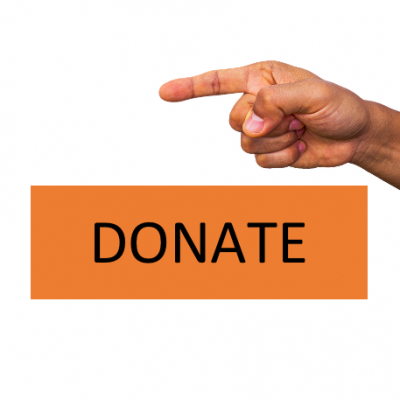 A hand points to an orange button with the word Donate
