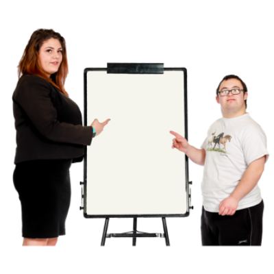 Two people stand next to a white board