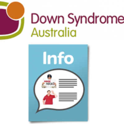 An information brochure next to the Dwn Syndrome Australia logo