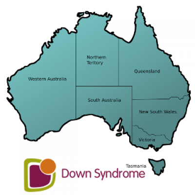 A map of Australia and the Down syndrome Australia logo