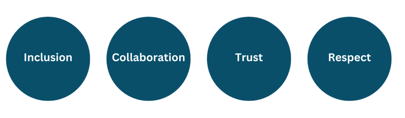 Four blue circles with the four DSA values: Inclusion, Collaboration, Trust, Respect