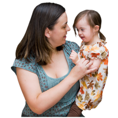 A woman holds a young child