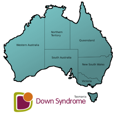 map of Australia with Down syndrome Australia logo