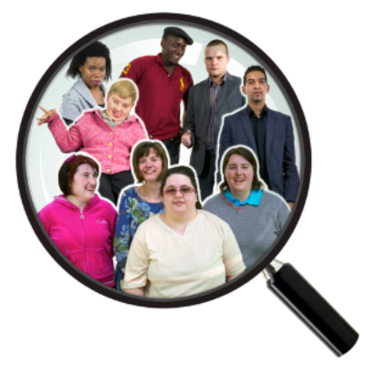 A group of people together is seen with magnifying glass
