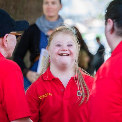 People wearing red at an event