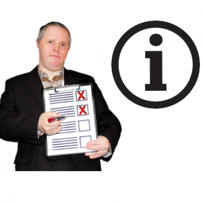A man holds a checklist next to an information icon