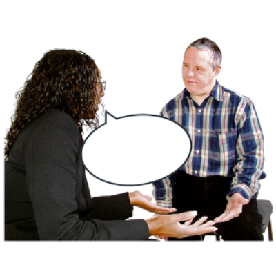 A woman talks to a man explaining something