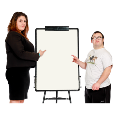 A man and woman stand next to a white board
