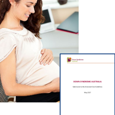 A pregnant woman appears next to an image of a letter