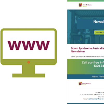 A graphic of a computer signifying the website, and the Down syndrome newsletter