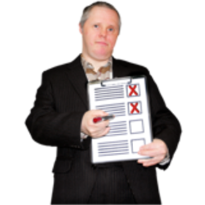 A man holds a checklist with red crosses on the items