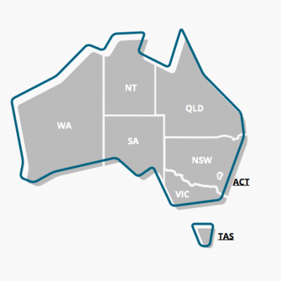 A graphic map of Australia which shows the states and territories