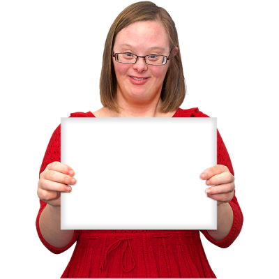 A woman holds up a white sign