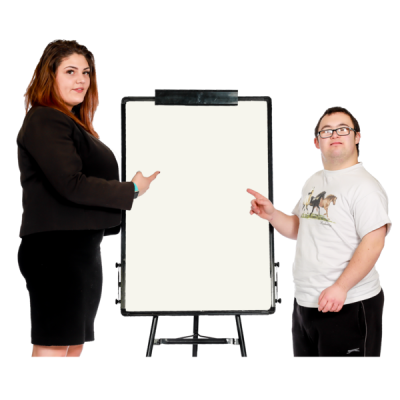 A man and a woman next to a flip chart