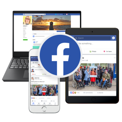 Tablet, phone and computer screens with a Facebook logo