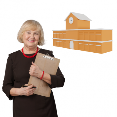 A teacher next to a picture of a school building