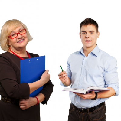 A male and a female teacher holding books