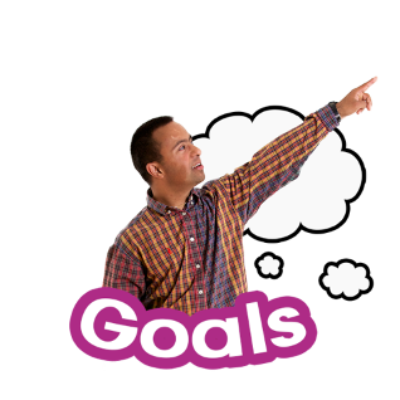A man points to the sky next to the word goals