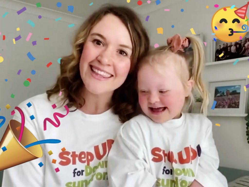 Mum and child celebrating Step UP! for Downs syndrome month.